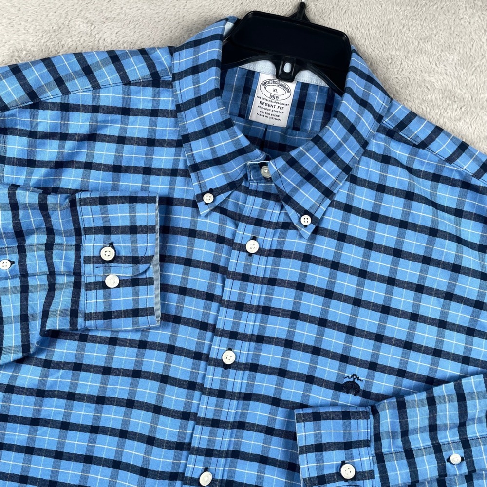 Brooks Brothers Shirt Men XL Regent Fit  Blue Plaid Logo Oxford Non Iron Stretch